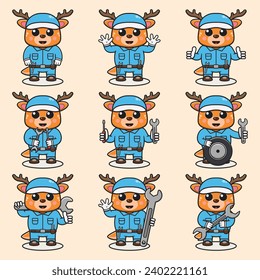 Mascot cartoon of cute Deer wearing mechanic uniform and cap. Cute Deer illustration. Character animal. Mechanic cartoon set. Vector illustration in isolated background. 