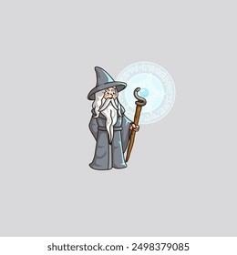 Mascota de dibujos animados viejo lindo mago de luz hombre con el pelo blanco y la barba haciendo su magia con su varita mágica
