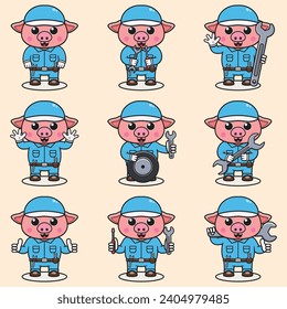 Mascot cartoon of cute Pig wearing mechanic uniform and cap. Cute Pig illustration. Character animal. Mechanic cartoon set. Vector illustration in isolated background. 