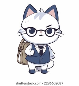 Mascot cartoon of cute smile cat kitten go to school wearing school bag. 2d character vector illustration in isolated background