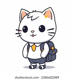 Mascot cartoon of cute smile cat kitten go to school wearing school bag. 2d character vector illustration in isolated background