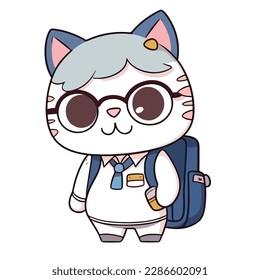 Mascot cartoon of cute smile cat kitten go to school wearing school bag. 2d character vector illustration in isolated background