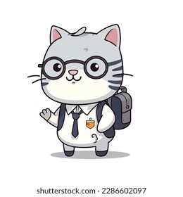 Mascot cartoon of cute smile cat kitten go to school wearing school bag. 2d character vector illustration in isolated background