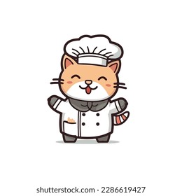 Mascot cartoon of cute smile cat chef wearing chef hat cap and uniform. 2d character vector illustration in isolated background