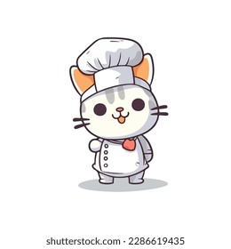 Mascot cartoon of cute smile cat chef wearing chef hat cap and uniform. 2d character vector illustration in isolated background