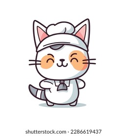 Caricatura en mascota del chef de un lindo gato sonriente vestido con gorra y uniforme de chef. Ilustración vectorial de 2d caracteres en fondo aislado