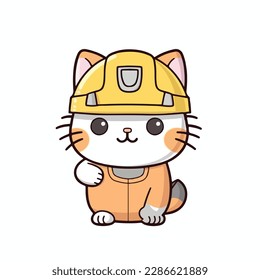 Mascot cartoon of cute smile cat building contractor wearing uniform and safety helmet. 2d character vector illustration in isolated background