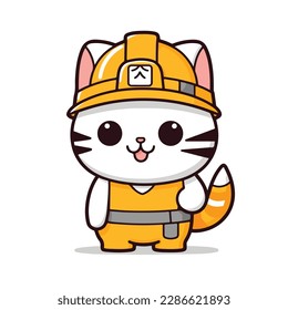 Mascot cartoon of cute smile cat building contractor wearing uniform and safety helmet. 2d character vector illustration in isolated background