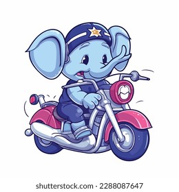 Mascot cartoon of cute smile elephant riding motorbike. 2d character vector illustration in isolated background