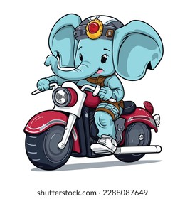 Mascot cartoon of cute smile elephant riding motorbike. 2d character vector illustration in isolated background