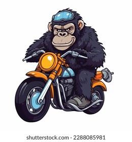 Caricatura en mascota de monos gorilas con una sonrisa adorable montando en moto. Ilustración vectorial de 2d caracteres en fondo aislado