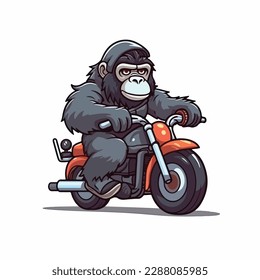 Mascot cartoon of cute smile gorilla monkey apes riding motorbike. 2d character vector illustration in isolated background