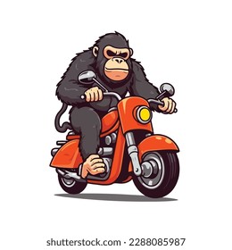 Caricatura en mascota de monos gorilas con una sonrisa adorable montando en moto. Ilustración vectorial de 2d caracteres en fondo aislado