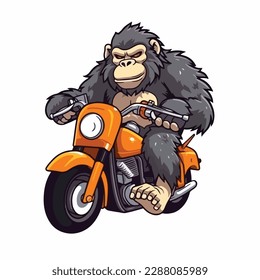 Mascot cartoon of cute smile gorilla monkey apes riding motorbike. 2d character vector illustration in isolated background