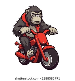 Mascot cartoon of cute smile gorilla monkey apes riding motorbike. 2d character vector illustration in isolated background