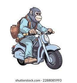Mascot cartoon of cute smile gorilla monkey apes riding motorbike. 2d character vector illustration in isolated background