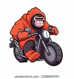 Mascot cartoon of cute smile gorilla monkey apes riding motorbike. 2d character vector illustration in isolated background