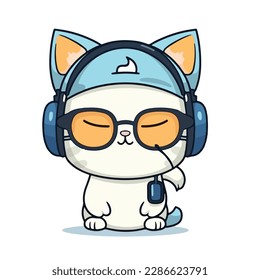 Mascot cartoon of cute smile hipster happy cat wearing glasses and headphone. 2d character vector illustration in isolated background