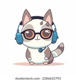 Mascot cartoon of cute smile hipster happy cat wearing glasses and headphone. 2d character vector illustration in isolated background