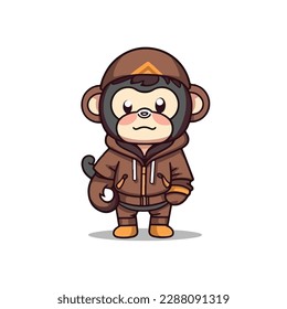 Mascot cartoon of cute smile hipster monkey wearing jacket hoodie. 2d character vector illustration in isolated background