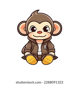 Mascot cartoon of cute smile hipster monkey wearing jacket hoodie. 2d character vector illustration in isolated background