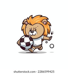 Mascot cartoon of cute smile lion playing football soccer. 2d character vector illustration in isolated background