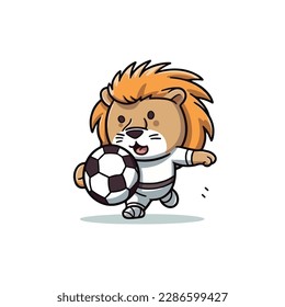 Mascot cartoon of cute smile lion playing football soccer. 2d character vector illustration in isolated background