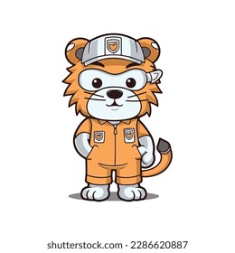 Mascot cartoon of cute smile lion car and tire mechanic wearing uniform and cap. 2d character vector illustration in isolated background