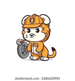 Mascot cartoon of cute smile lion car and tire mechanic wearing uniform and cap. 2d character vector illustration in isolated background