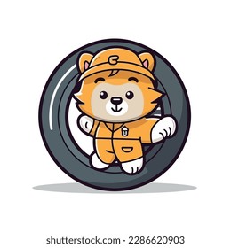 Mascot cartoon of cute smile lion car and tire mechanic wearing uniform and cap. 2d character vector illustration in isolated background