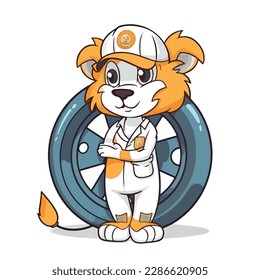 Mascot cartoon of cute smile lion car and tire mechanic wearing uniform and cap. 2d character vector illustration in isolated background