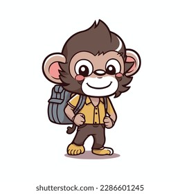 Mascot cartoon of cute smile monkey go to school wearing school bag. 2d character vector illustration in isolated background