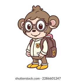 Mascot cartoon of cute smile monkey go to school wearing school bag. 2d character vector illustration in isolated background