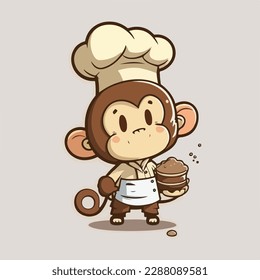 Mascot cartoon of cute smile monkey chef holding spatula wearing cap and uniform. 2d character vector illustration in isolated background