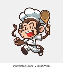 Mascot cartoon of cute smile monkey chef holding spatula wearing cap and uniform. 2d character vector illustration in isolated background