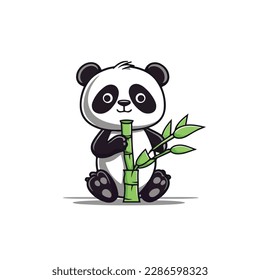 Mascot cartoon of cute smile panda holding green bamboo. 2d character vector illustration in isolated background