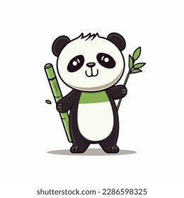 Mascot cartoon of cute smile panda holding green bamboo. 2d character vector illustration in isolated background