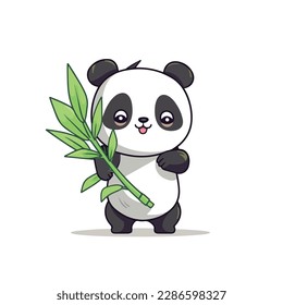 Mascot cartoon of cute smile panda holding green bamboo. 2d character vector illustration in isolated background