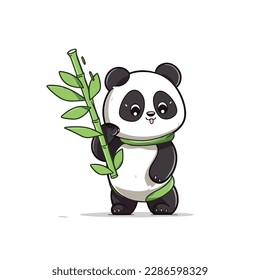 Mascot cartoon of cute smile panda holding green bamboo. 2d character vector illustration in isolated background