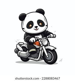 Mascot cartoon of cute smile panda riding motorbike. 2d character vector illustration in isolated background