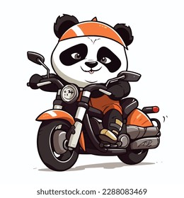 Mascot cartoon of cute smile panda riding motorbike. 2d character vector illustration in isolated background