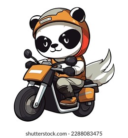 Caricatura en mascota de un lindo panda sonriente montando en moto. Ilustración vectorial de 2d caracteres en fondo aislado