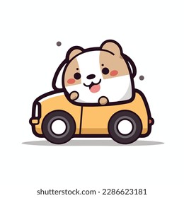 Caricatura en mascota del auto del perro cachorrito de la sonrisa tierno. Ilustración vectorial de 2d caracteres en fondo aislado