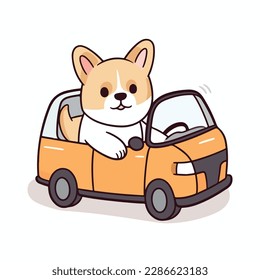 Mascot cartoon of cute smile puppy dog driving car. 2d character vector illustration in isolated background