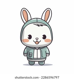 Mascot cartoon of cute smile rabbit wearing hoodie jacket. 2d character of disability vector illustration in isolated background