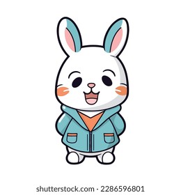 Mascot cartoon of cute smile rabbit wearing hoodie jacket. 2d character of disability vector illustration in isolated background