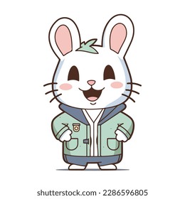 Mascot cartoon of cute smile rabbit wearing hoodie jacket. 2d character of disability vector illustration in isolated background