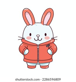 Mascot cartoon of cute smile rabbit wearing hoodie jacket. 2d character of disability vector illustration in isolated background