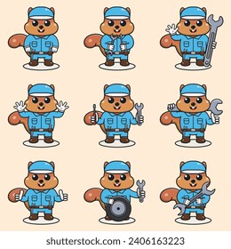 Mascot cartoon of cute Squirrel wearing mechanic uniform and cap. Cute Squirrel illustration. Character animal. Mechanic cartoon set. Vector illustration in isolated background. 