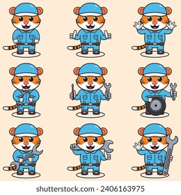 Mascot cartoon of cute Tiger wearing mechanic uniform and cap. Cute Tiger illustration. Character animal. Mechanic cartoon set. Vector illustration in isolated background. 